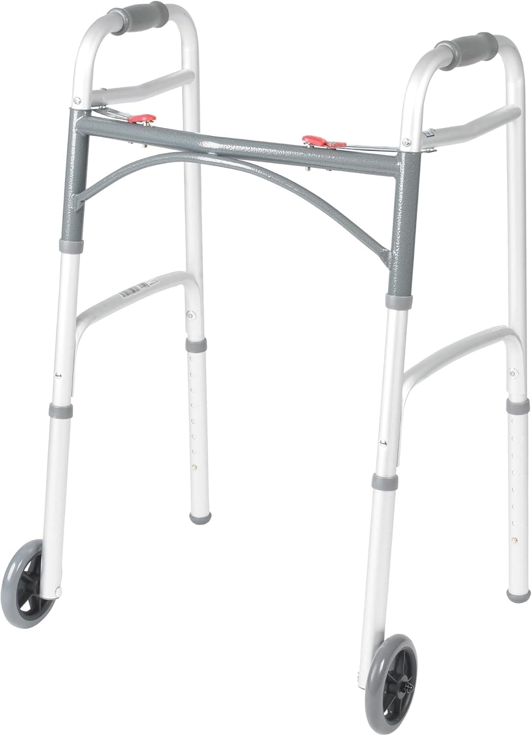 Drive Medical Two-Button Folding Walker w/ Wheels - Lightweight Rolling Mobility Support - Adjustable Height - Dual Push-Button Operation - 5 Inch Front Wheels - Durable Aluminum - Silver