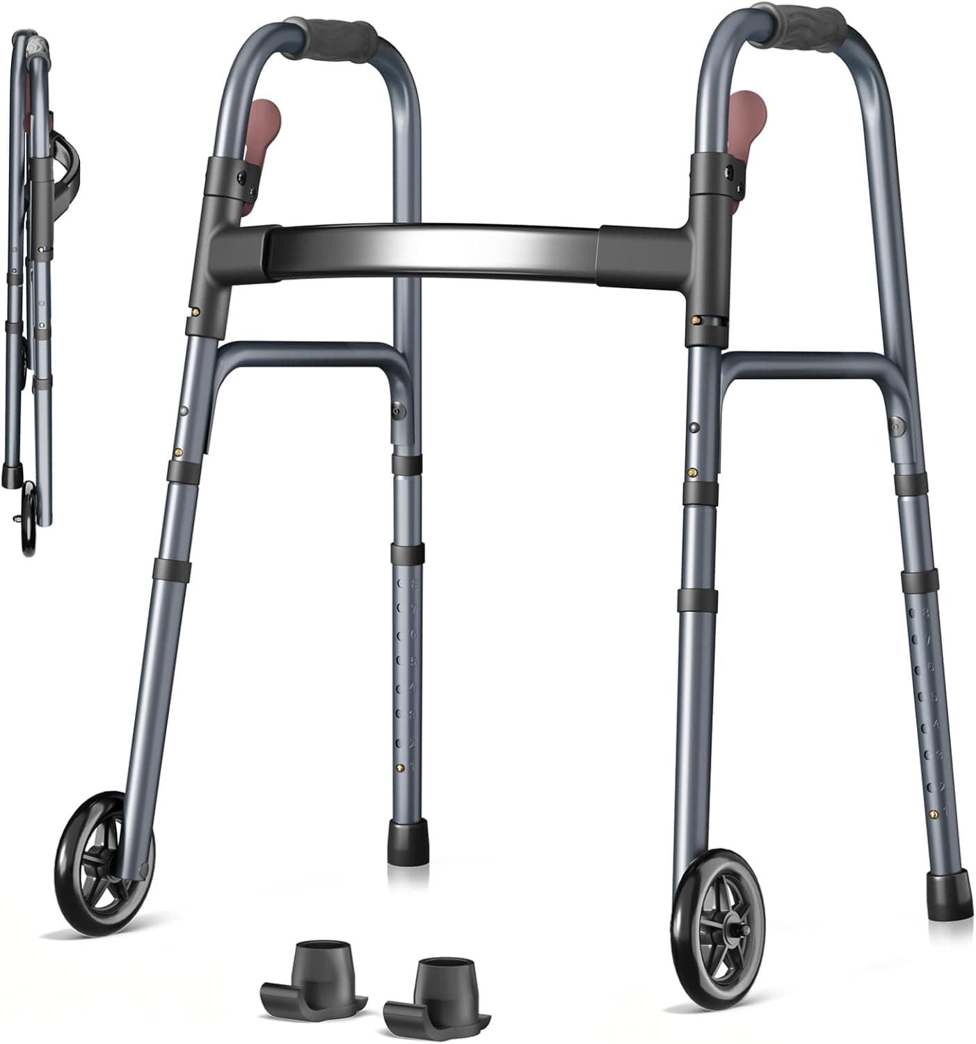 Folding Walker for Seniors, Rolling Walker with 8 Height Adjustments, One-Hand Folding, 300lbs Capacity, Lightweight Aluminum Front Wheel Walker for Elderly Adults and Handicap