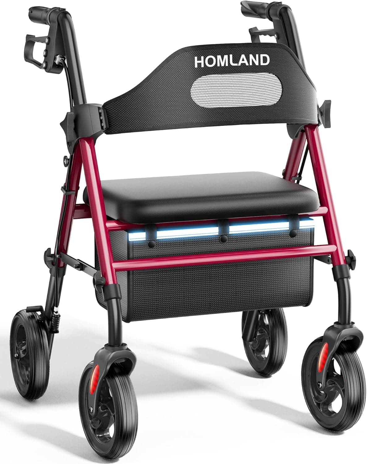 HOMLAND Foldable Rollator Walkers with Seat for Seniors, 8'' Big Wheels, 350 lb. Weight Capacity, Adjustable Handles and Seat Height, Lightweight Rolling Walker