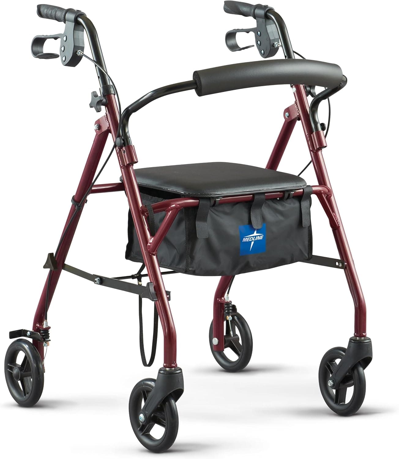 Medline Steel Rollator Walker with Seat, Burgundy, 350 lb. Weight Capacity, 6” Wheels, Foldable, Adjustable Handles, Rolling Walker for Seniors, Walker for Mobility Impaired